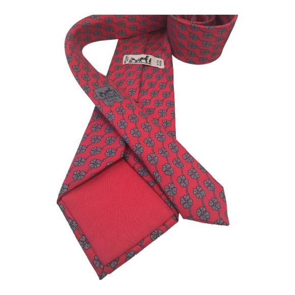 HERMES PARIS Red Floral Print Silk Tie Made In France 58"/ 3".1/4 EX COND - Picture 4 of 7